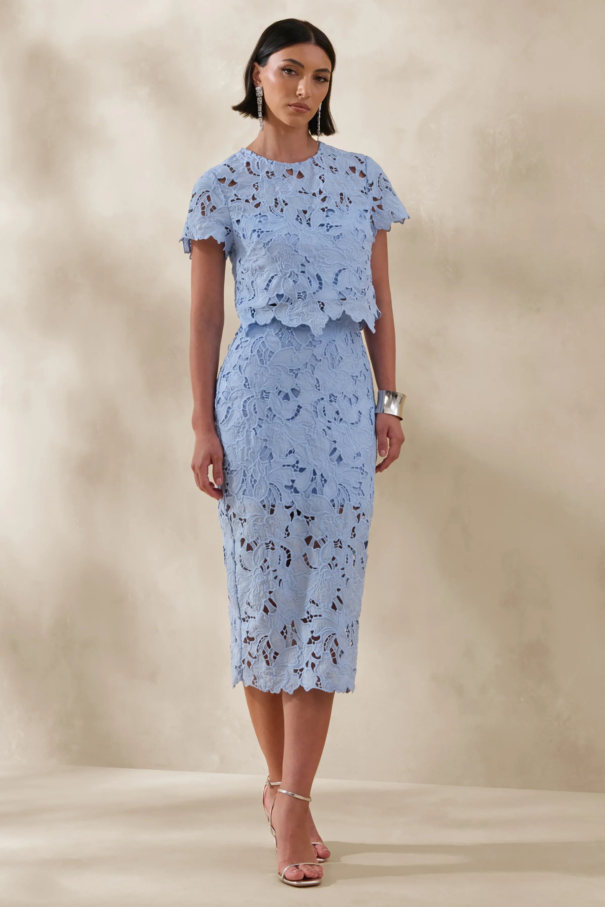 Ina Powder Blue Lace Crew Neck Crop Top
